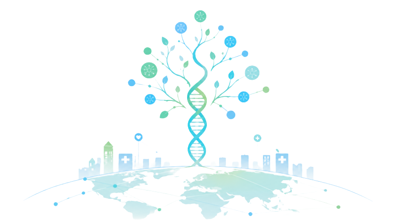 遺伝子（DNA）から広がり、地球全体の医療へつながる理念のイメージ